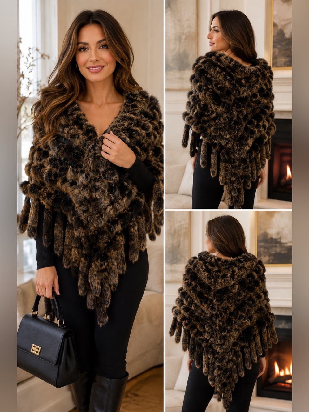 Brown black rabbit fur shawl poncho scarf winter fall